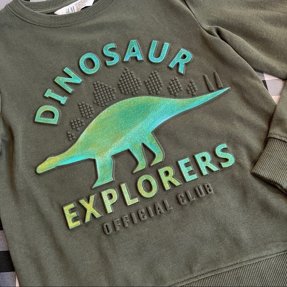 H&M dinosaur embossed green metallic sweatshirt - Picture 3 of 5